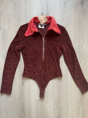 NWT The Hippie Shake Brown Rust Red Bodysuit with Coral Collar and Zip Size 6